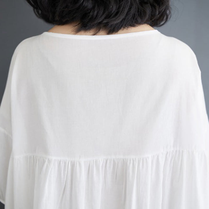 Buddha Stones Casual Solid Color Pleated Design Crew Neck Half Puff Sleeve Cotton Midi Dress - image 17
