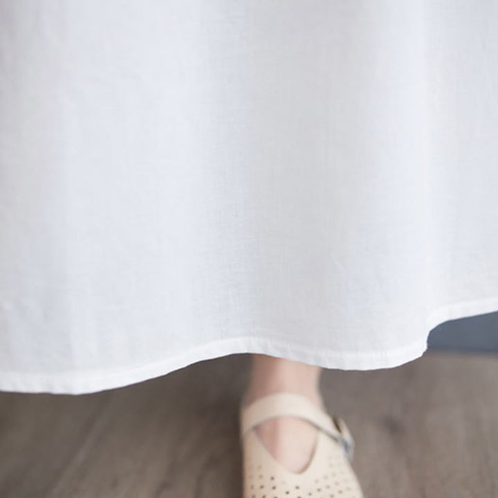 Buddha Stones Casual Solid Color Pleated Design Crew Neck Half Puff Sleeve Cotton Midi Dress - image 19
