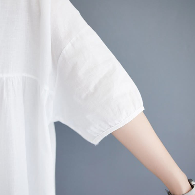 Buddha Stones Casual Solid Color Pleated Design Crew Neck Half Puff Sleeve Cotton Midi Dress - image 20