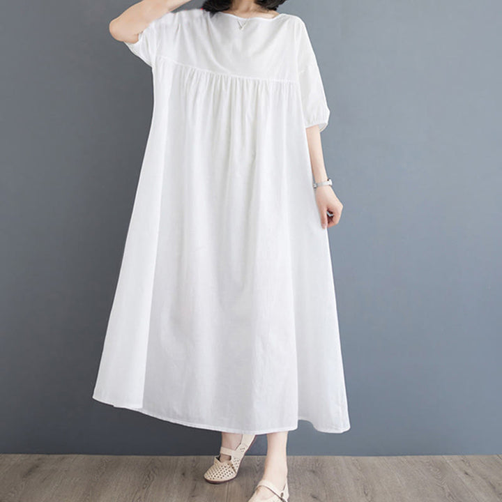 Buddha Stones Casual Solid Color Pleated Design Crew Neck Half Puff Sleeve Cotton Midi Dress - image 14