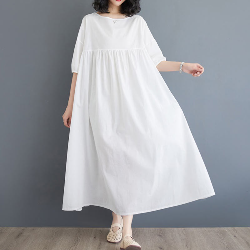 Buddha Stones Casual Solid Color Pleated Design Crew Neck Half Puff Sleeve Cotton Midi Dress - image 11