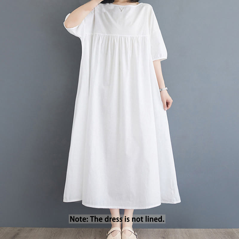 Buddha Stones Casual Solid Color Pleated Design Crew Neck Half Puff Sleeve Cotton Midi Dress - image 8