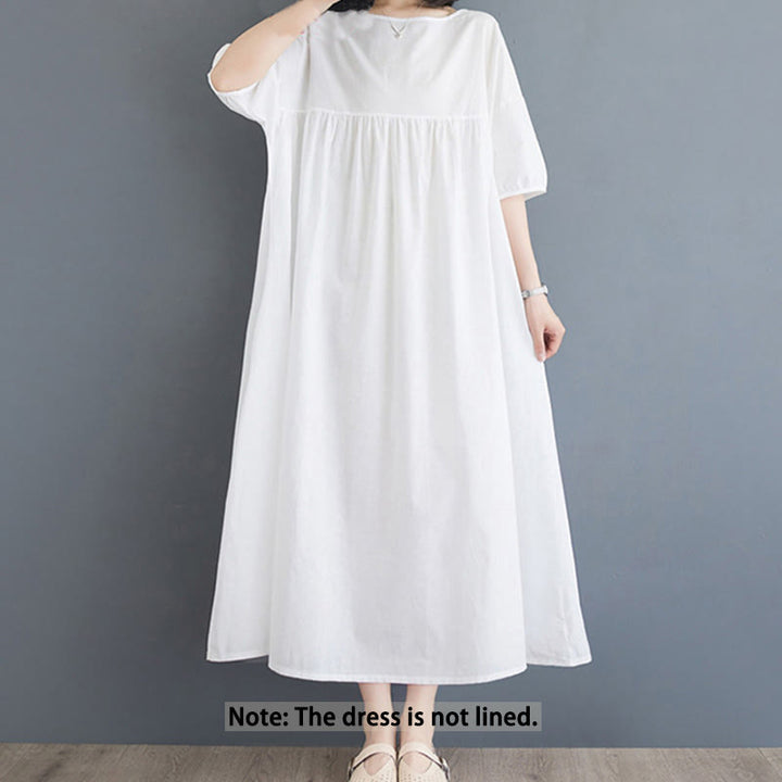 Buddha Stones Casual Solid Color Pleated Design Crew Neck Half Puff Sleeve Cotton Midi Dress - image 8