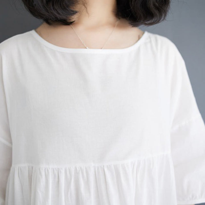 Buddha Stones Casual Solid Color Pleated Design Crew Neck Half Puff Sleeve Cotton Midi Dress - image 16