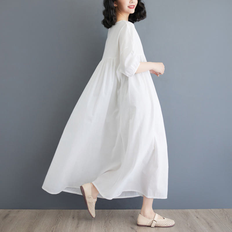 Buddha Stones Casual Solid Color Pleated Design Crew Neck Half Puff Sleeve Cotton Midi Dress - image 15
