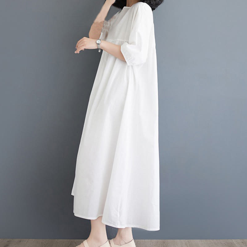 Buddha Stones Casual Solid Color Pleated Design Crew Neck Half Puff Sleeve Cotton Midi Dress - image 13
