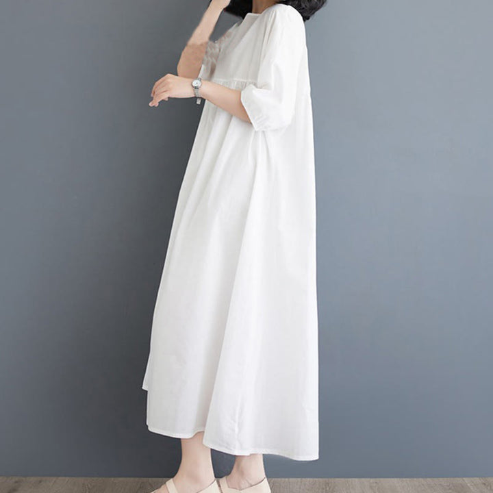 Buddha Stones Casual Solid Color Pleated Design Crew Neck Half Puff Sleeve Cotton Midi Dress - image 13