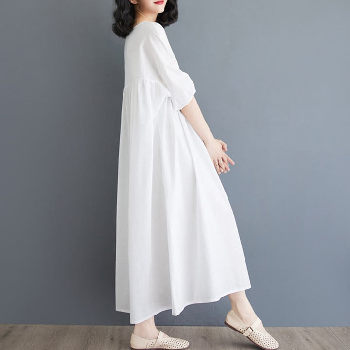 Buddha Stones Casual Solid Color Pleated Design Crew Neck Half Puff Sleeve Cotton Midi Dress - image 10
