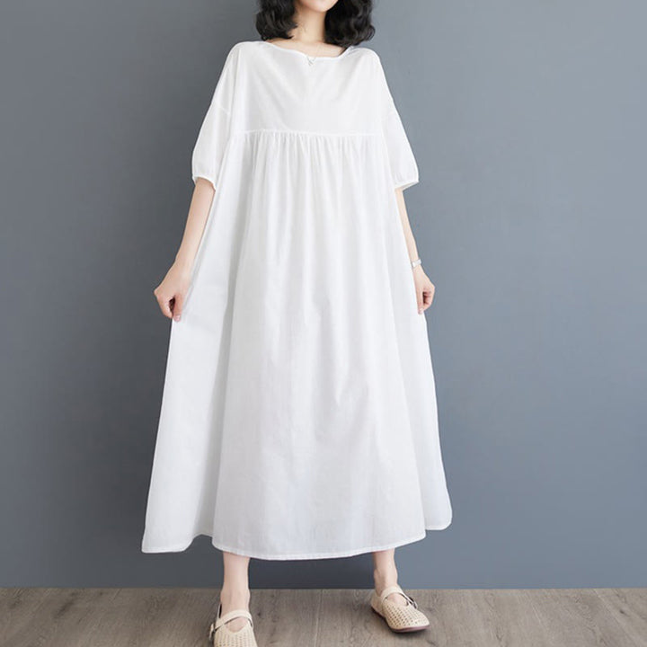 Buddha Stones Casual Solid Color Pleated Design Crew Neck Half Puff Sleeve Cotton Midi Dress - image 9