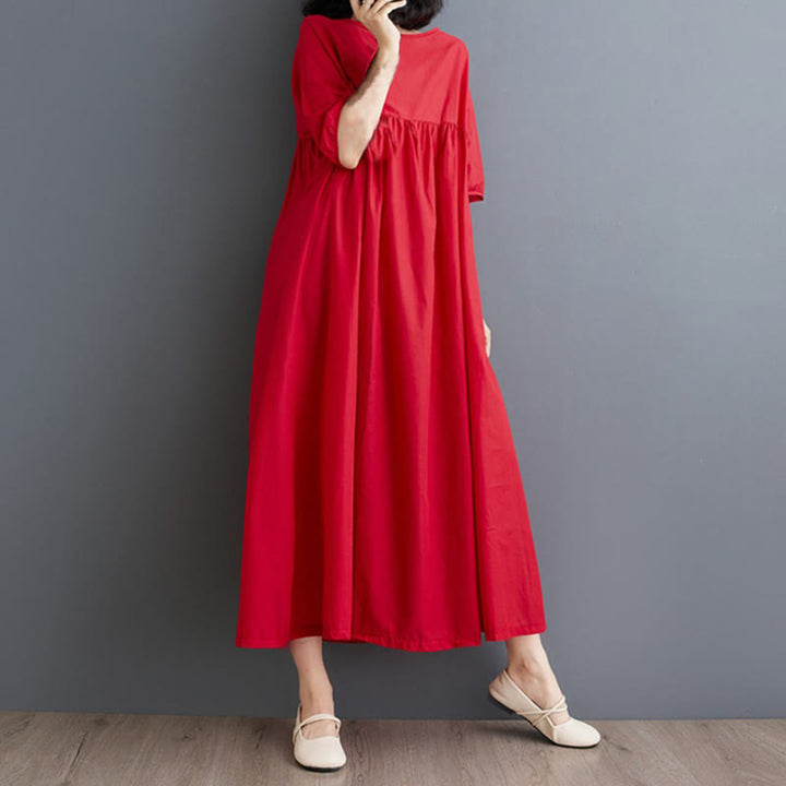 Buddha Stones Casual Solid Color Pleated Design Crew Neck Half Puff Sleeve Cotton Midi Dress - image 23