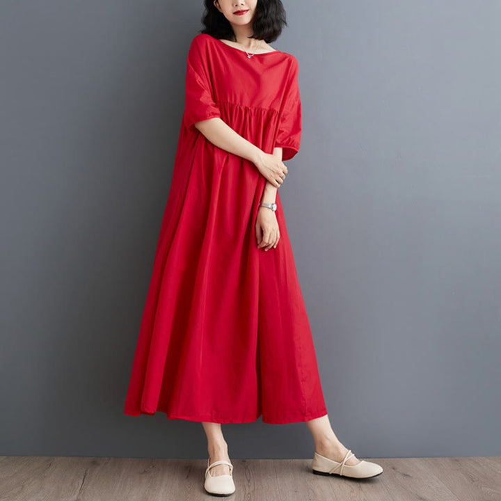 Buddha Stones Casual Solid Color Pleated Design Crew Neck Half Puff Sleeve Cotton Midi Dress - image 26