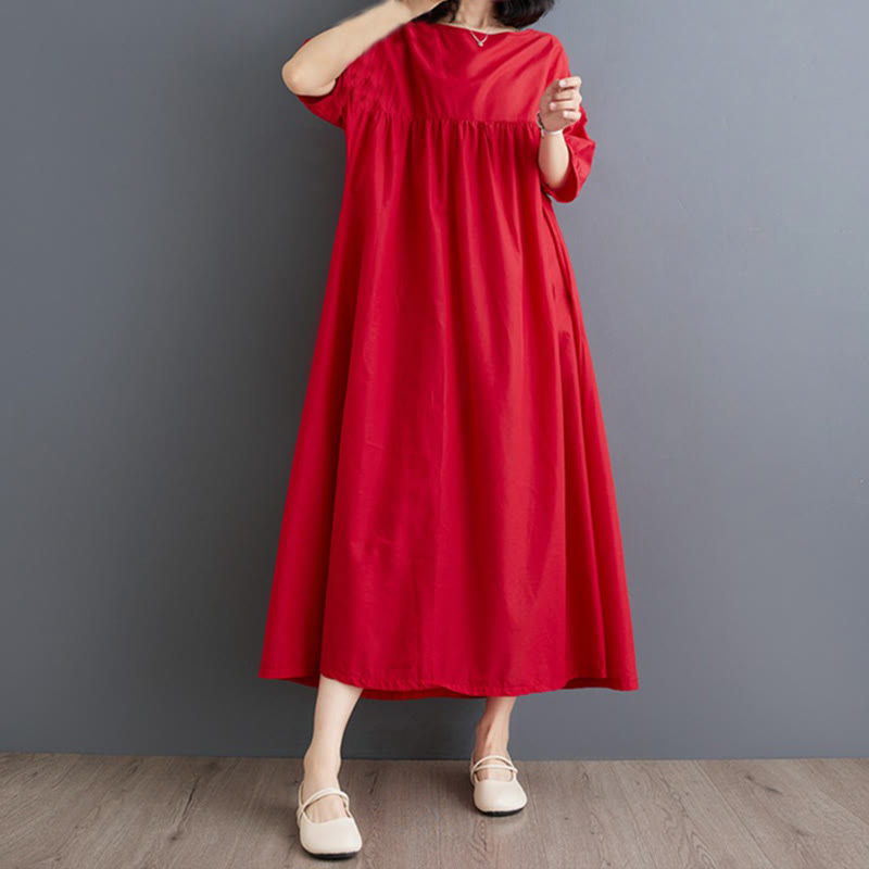 Buddha Stones Casual Solid Color Pleated Design Crew Neck Half Puff Sleeve Cotton Midi Dress - image 25