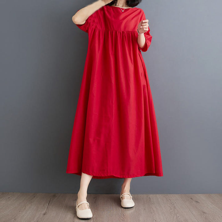 Buddha Stones Casual Solid Color Pleated Design Crew Neck Half Puff Sleeve Cotton Midi Dress - image 25