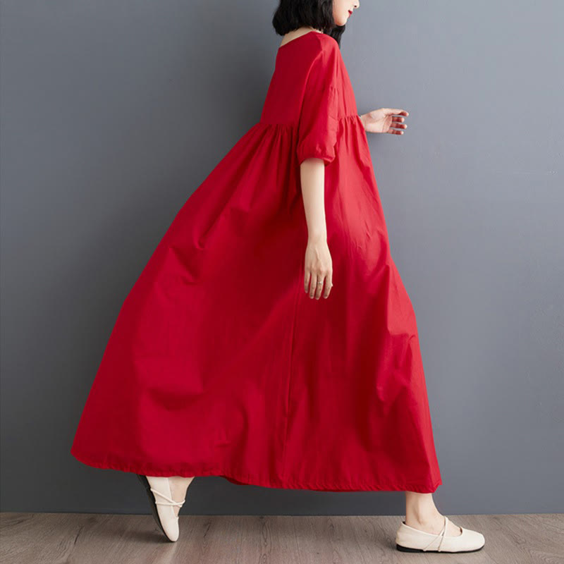 Buddha Stones Casual Solid Color Pleated Design Crew Neck Half Puff Sleeve Cotton Midi Dress - image 28