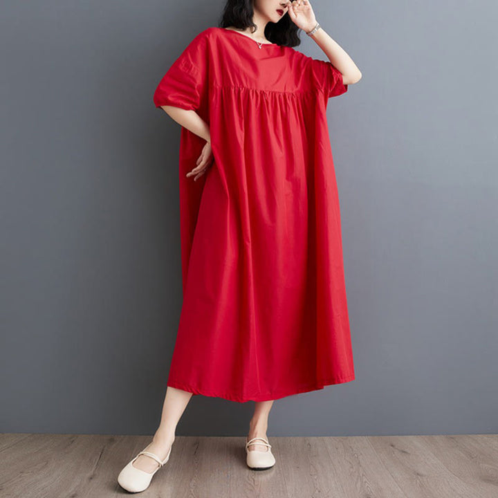 Buddha Stones Casual Solid Color Pleated Design Crew Neck Half Puff Sleeve Cotton Midi Dress - image 24