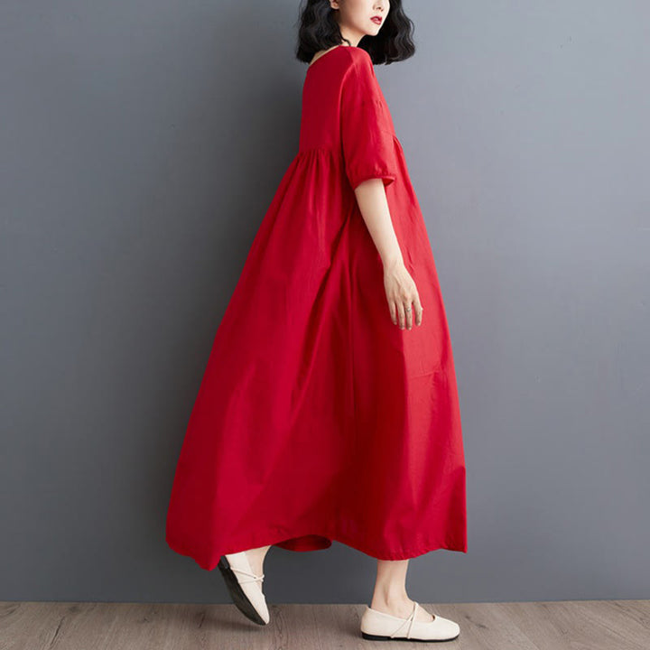 Buddha Stones Casual Solid Color Pleated Design Crew Neck Half Puff Sleeve Cotton Midi Dress - image 27