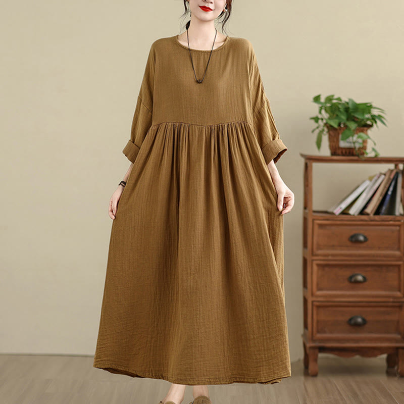 Buddha Stones Vintage Casual Pure Color Long Sleeve Cotton Linen Midi Dress With Pockets - Goldenrod - US4-12，UK/AU8-18，EU36-46(F) - image 1