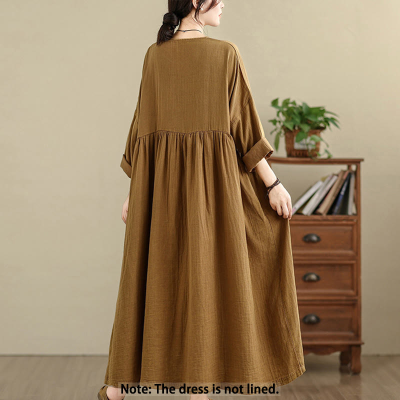 Buddha Stones Vintage Casual Pure Color Long Sleeve Cotton Linen Midi Dress With Pockets - image 2
