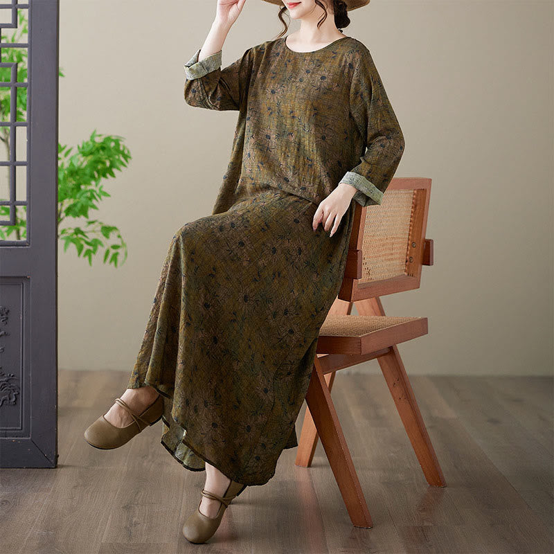 Buddha Stones Vintage Olive Printing Flower Long Sleeve Cotton Linen Maxi Dress With Pockets - image 7