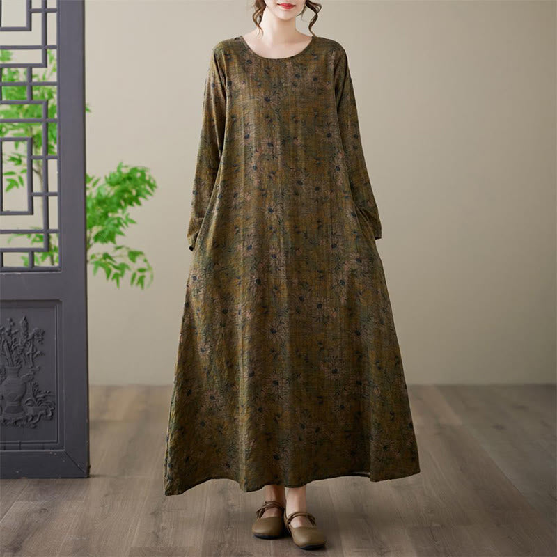 Buddha Stones Vintage Olive Printing Flower Long Sleeve Cotton Linen Maxi Dress With Pockets - image 5