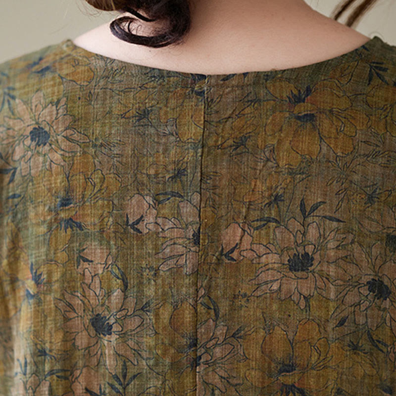 Buddha Stones Vintage Olive Printing Flower Long Sleeve Cotton Linen Maxi Dress With Pockets - image 9