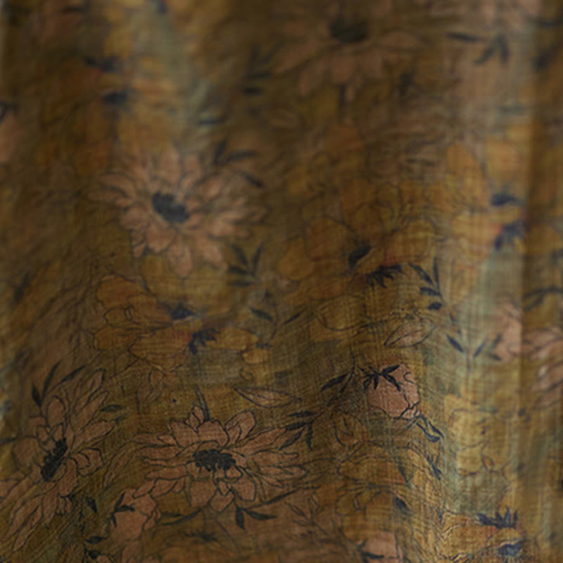 Buddha Stones Olive Printing Flower Long Sleeve Cotton Linen Maxi Dress With Pockets - image 9