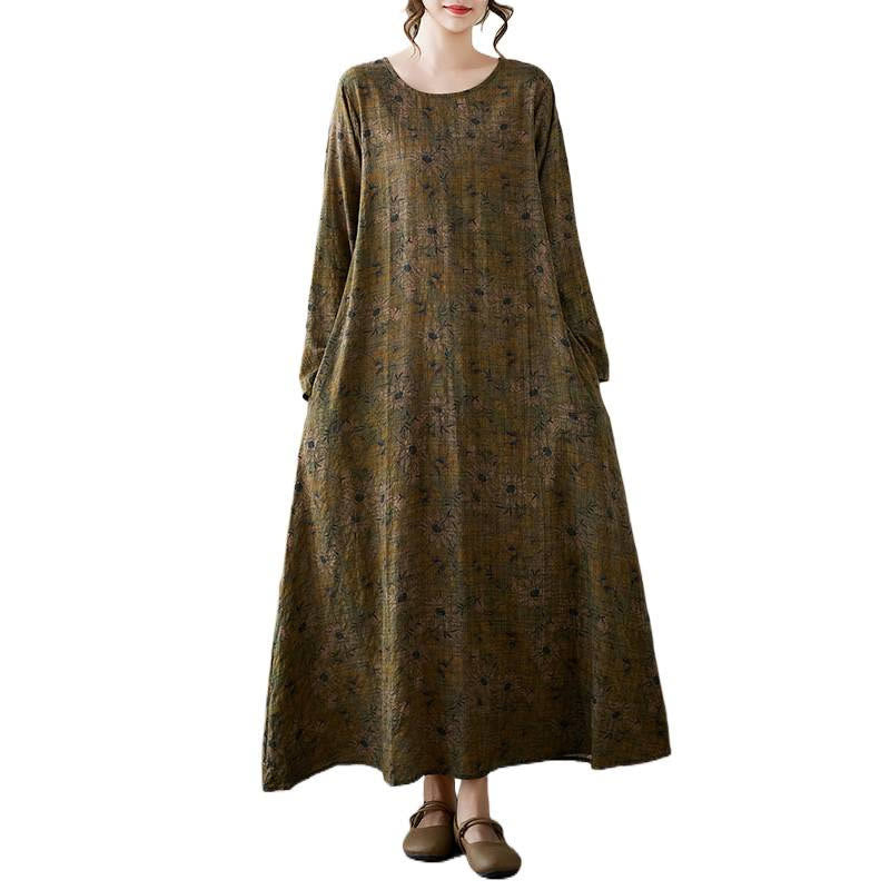 Buddha Stones Vintage Olive Printing Flower Long Sleeve Cotton Linen Maxi Dress With Pockets - image 13