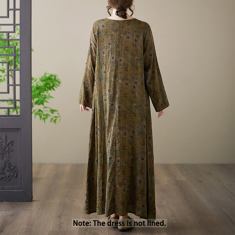 Buddha Stones Vintage Olive Printing Flower Long Sleeve Cotton Linen Maxi Dress With Pockets - image 2