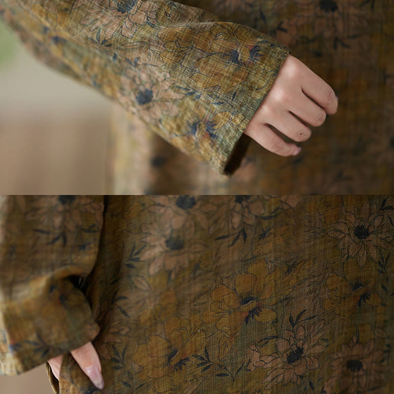 Buddha Stones Vintage Olive Printing Flower Long Sleeve Cotton Linen Maxi Dress With Pockets - image 12