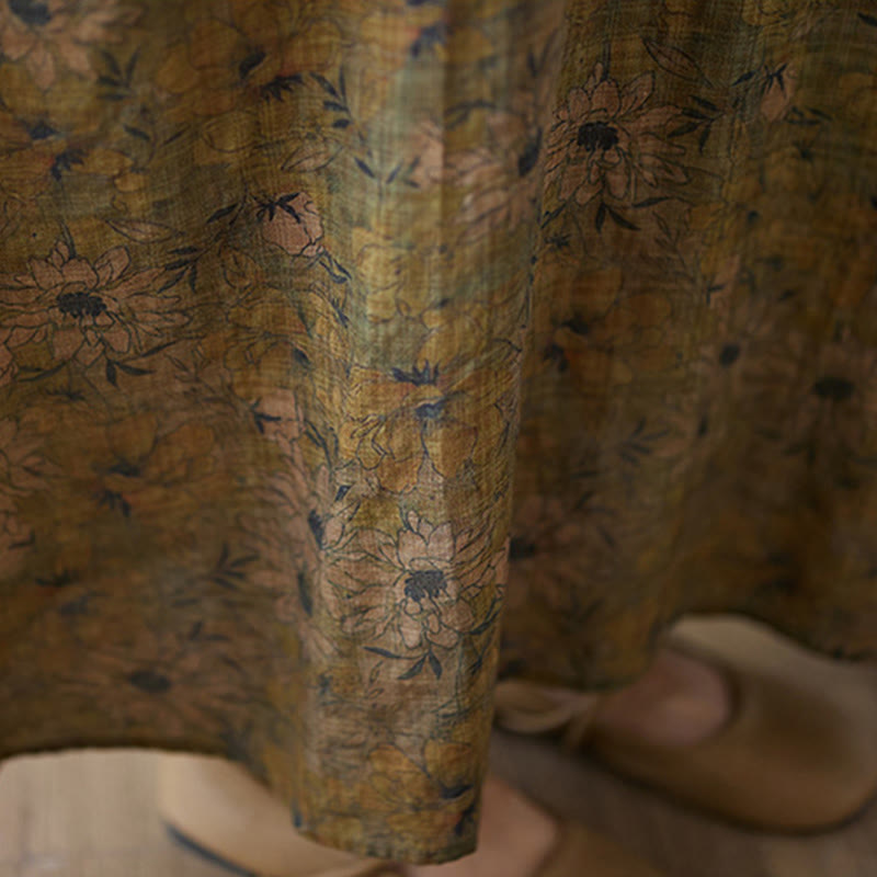 Buddha Stones Vintage Olive Printing Flower Long Sleeve Cotton Linen Maxi Dress With Pockets - image 11