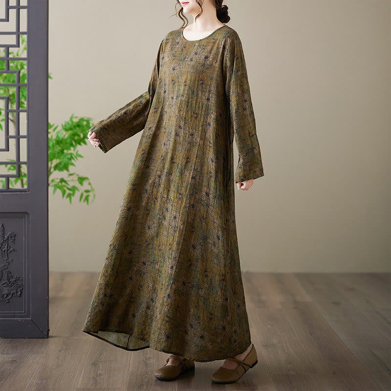 Buddha Stones Olive Printing Flower Long Sleeve Cotton Linen Maxi Dress With Pockets - image 5