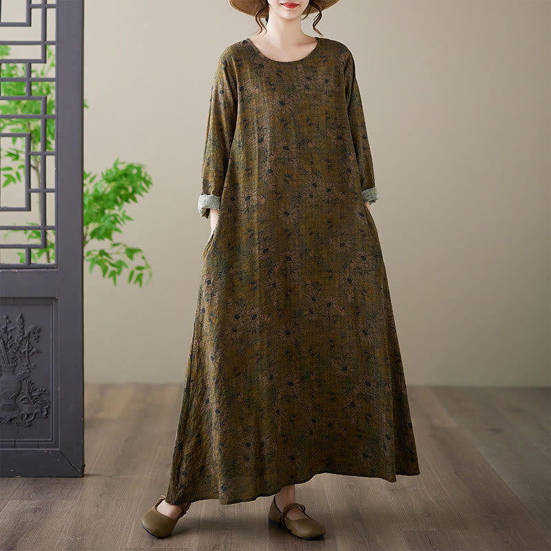 Buddha Stones Vintage Olive Printing Flower Long Sleeve Cotton Linen Maxi Dress With Pockets - Olive - US14，UK/AU18，EU46 (3XL) - image 1