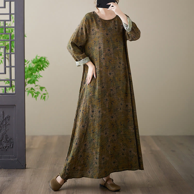 Buddha Stones Olive Printing Flower Long Sleeve Cotton Linen Maxi Dress With Pockets - image 3
