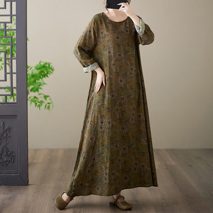 Buddha Stones Olive Printing Flower Long Sleeve Cotton Linen Maxi Dress With Pockets - image 3