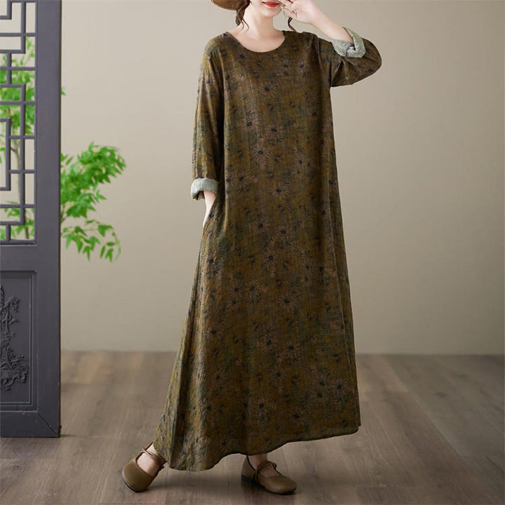 Buddha Stones Vintage Olive Printing Flower Long Sleeve Cotton Linen Maxi Dress With Pockets - image 3