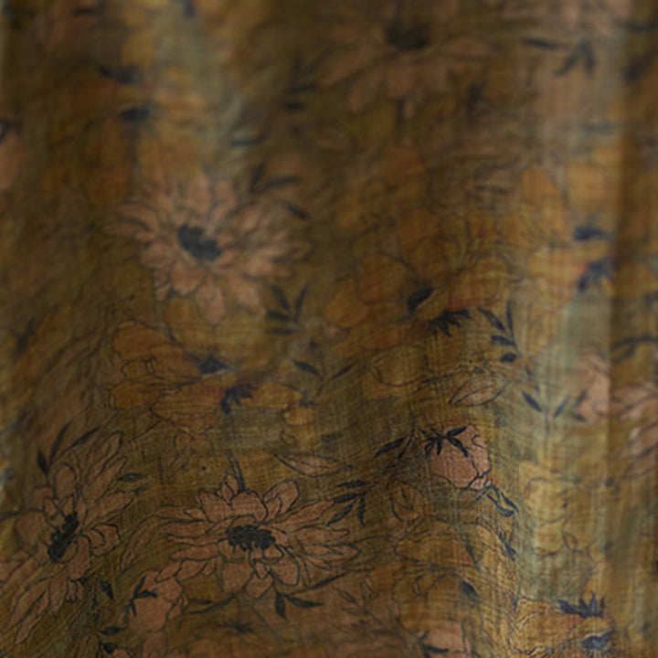 Buddha Stones Vintage Olive Printing Flower Long Sleeve Cotton Linen Maxi Dress With Pockets - image 10