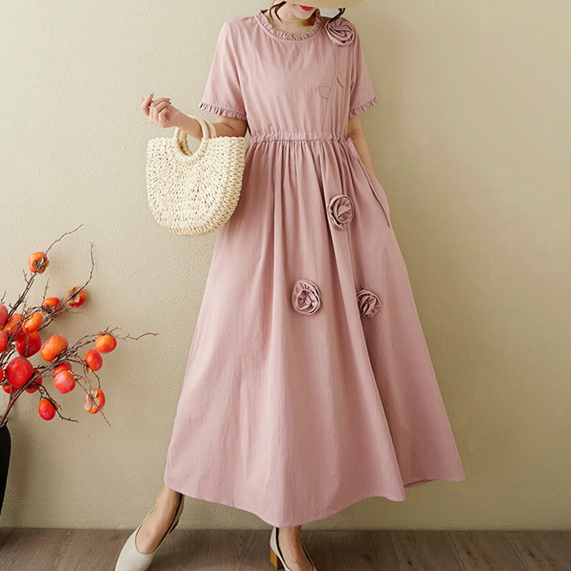 Buddha Stones Three-Dimensional Flower Design Ruffled Neck Cotton Linen Midi Dress With Pockets - DarkSalmon - US8-10，UK/AU12-14，EU40-42 (2XL) - image 1