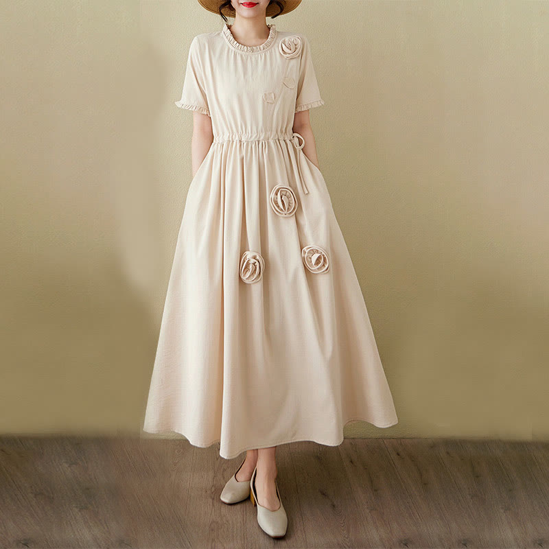 Buddha Stones Three-Dimensional Flower Design Ruffled Neck Cotton Linen Midi Dress With Pockets - image 19
