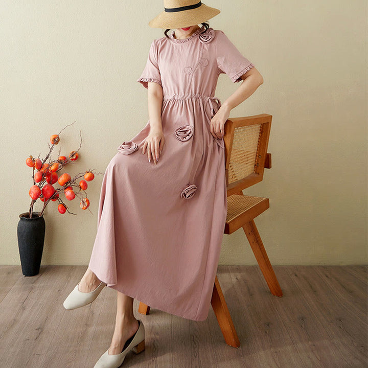 Buddha Stones Three-Dimensional Flower Design Ruffled Neck Cotton Linen Midi Dress With Pockets - image 8
