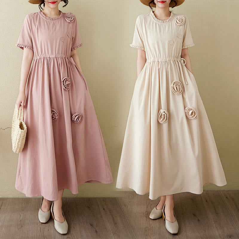 Buddha Stones Three-Dimensional Flower Design Ruffled Neck Cotton Linen Midi Dress With Pockets - image 22