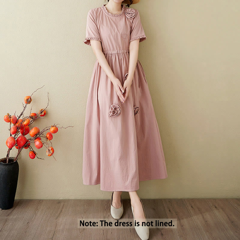 Buddha Stones Three-Dimensional Flower Design Ruffled Neck Cotton Linen Midi Dress With Pockets - image 2