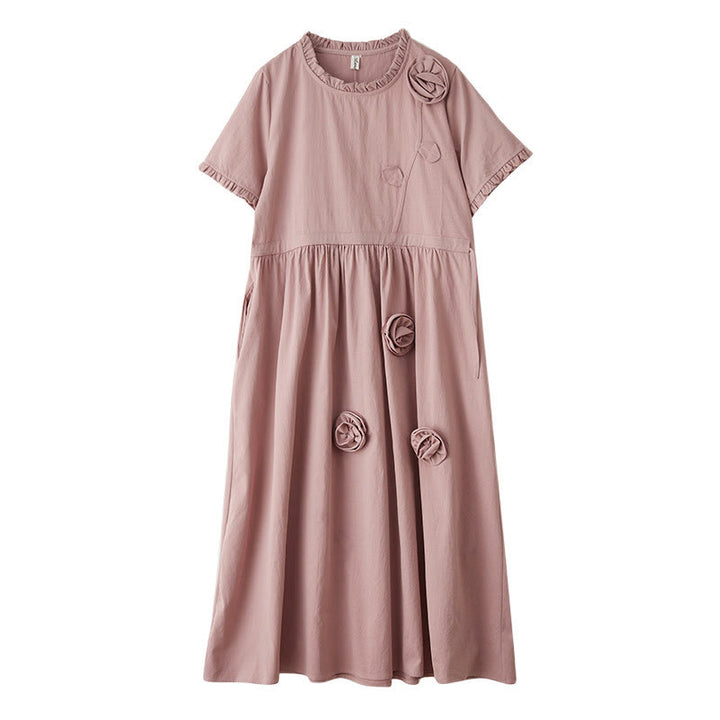 Buddha Stones Three-Dimensional Flower Design Ruffled Neck Cotton Linen Midi Dress With Pockets - image 16