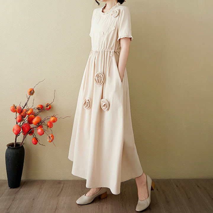 Buddha Stones Three-Dimensional Flower Design Ruffled Neck Cotton Linen Midi Dress With Pockets - image 21