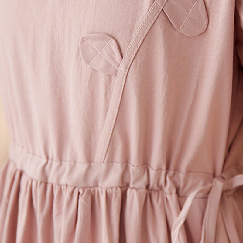 Buddha Stones Three-Dimensional Flower Design Ruffled Neck Cotton Linen Midi Dress With Pockets - image 11