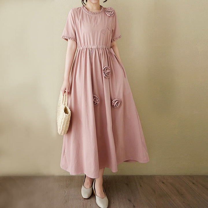 Buddha Stones Three-Dimensional Flower Design Ruffled Neck Cotton Linen Midi Dress With Pockets - image 6