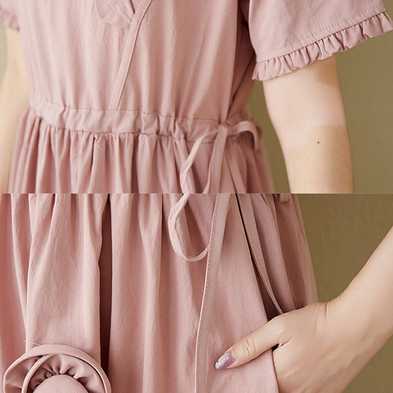 Buddha Stones Three-Dimensional Flower Design Ruffled Neck Cotton Linen Midi Dress With Pockets - image 15