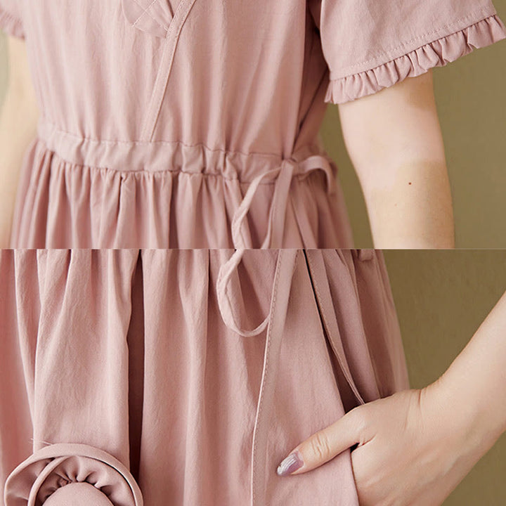 Buddha Stones Three-Dimensional Flower Design Ruffled Neck Cotton Linen Midi Dress With Pockets - image 15