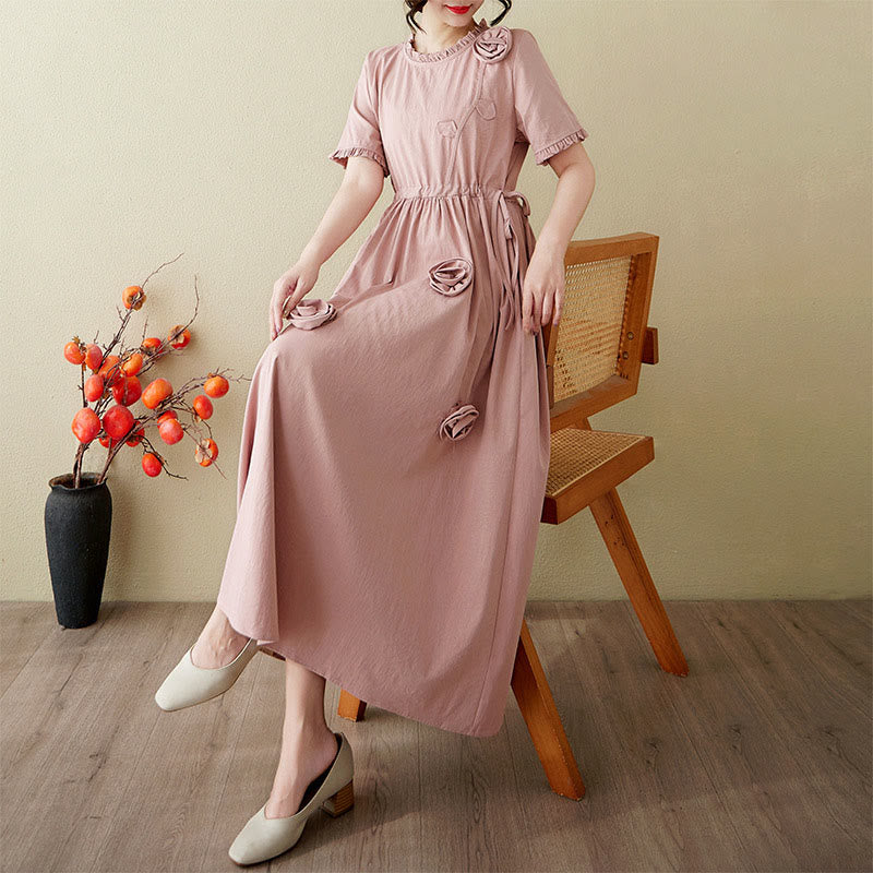 Buddha Stones Three-Dimensional Flower Design Ruffled Neck Cotton Linen Midi Dress With Pockets - image 7