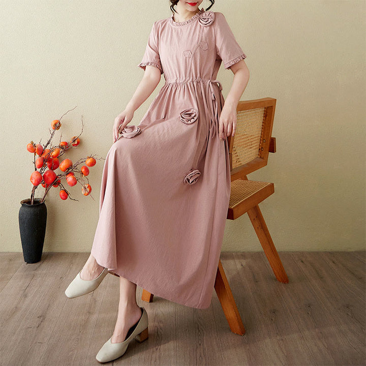 Buddha Stones Three-Dimensional Flower Design Ruffled Neck Cotton Linen Midi Dress With Pockets - image 7