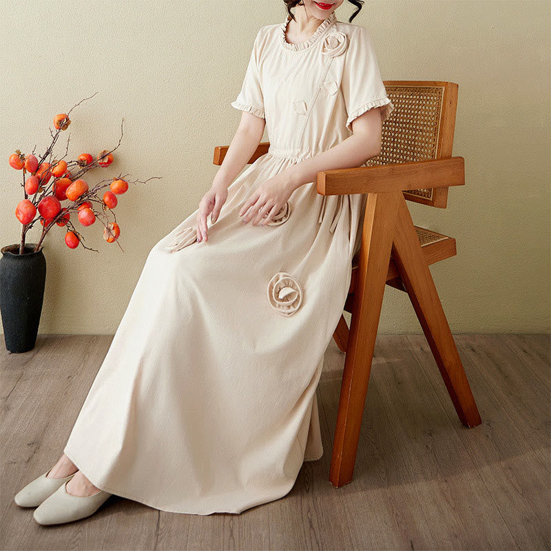 Buddha Stones Three-Dimensional Flower Design Ruffled Neck Cotton Linen Midi Dress With Pockets - Beige - US8-10，UK/AU12-14，EU40-42 (2XL) - image 17
